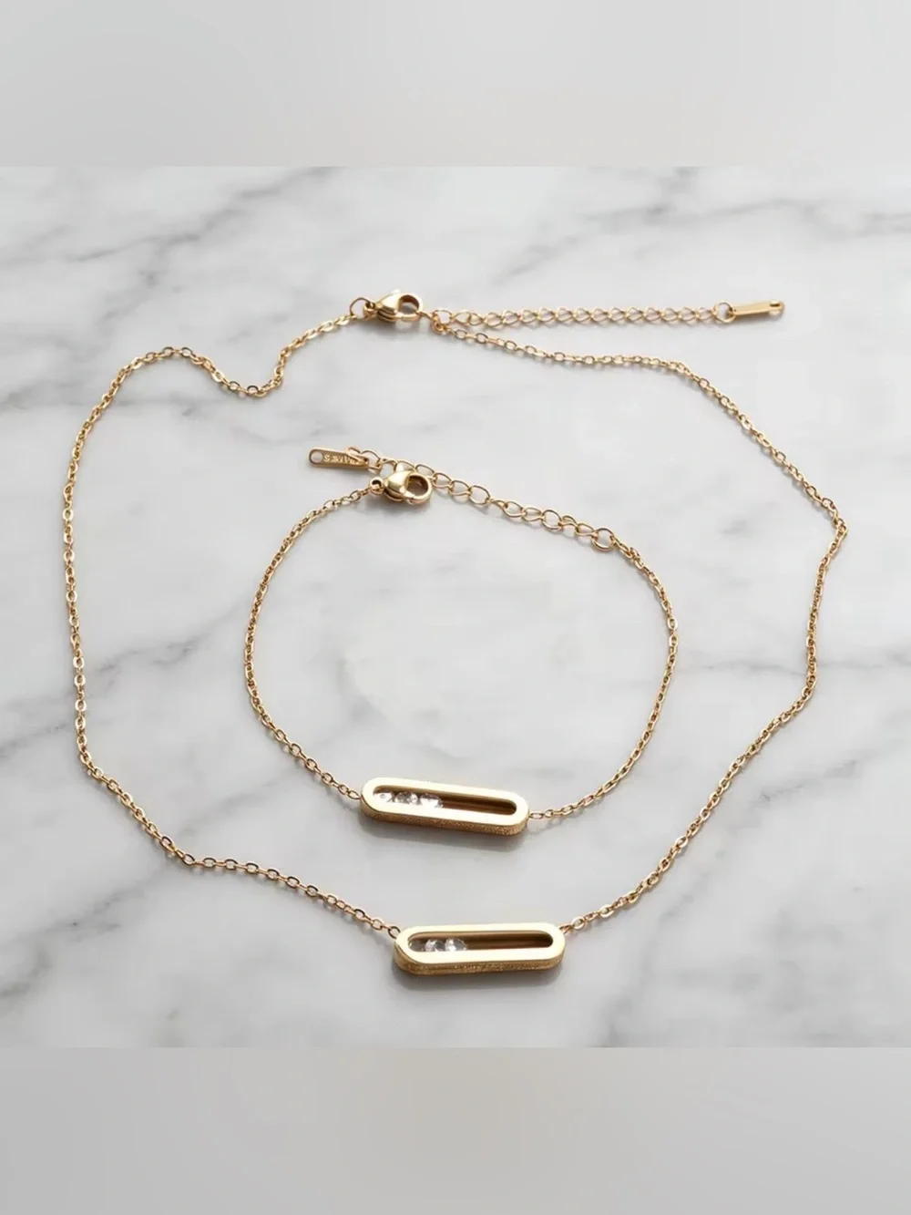 18K Gold Geometrical Link Paperclip Moving Diamond Bracelet No Fade Or Tarnish
